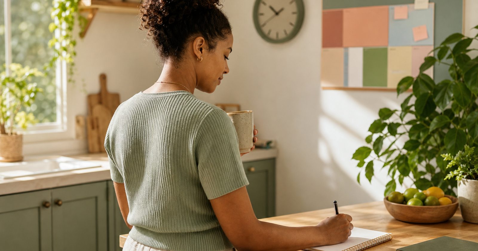 A person standing in a sunlit kitchen, writing on a notepad with a cup of tea beside them, focused on time management.