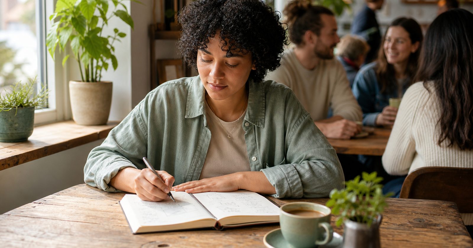 A diverse adult sits in a café, brainstorming ideas in a notebook, surrounded by lively patrons and plants.