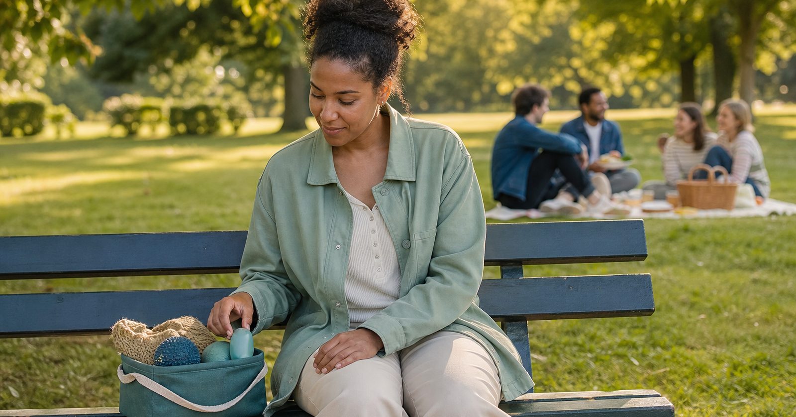 A diverse adult sitting on a park bench beside a sensory-friendly toolkit, enjoying a peaceful moment in nature.