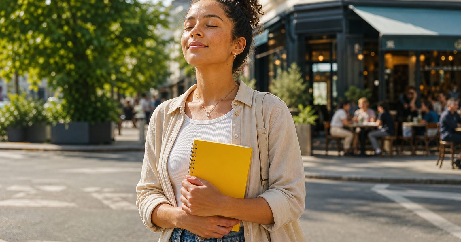 A person stands on a street corner with eyes closed, holding a notepad, taking a deep breath in a sunny setting.