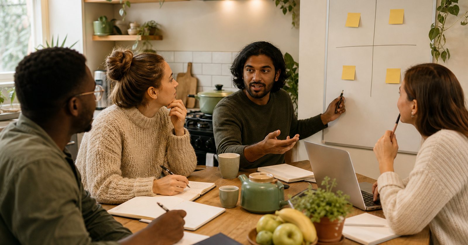 A diverse group of friends discusses and prioritizes tasks around a kitchen table with notebooks and a whiteboard.