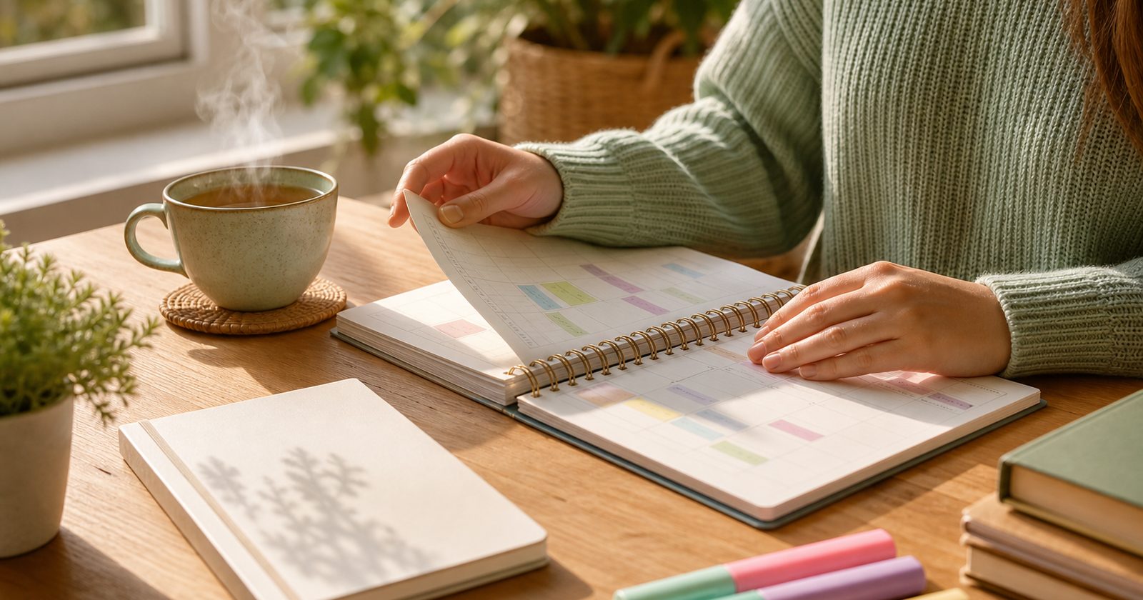 Close-up of a student's hands on a study planner with tea and highlighters on a wooden desk, illuminated by sunlight.