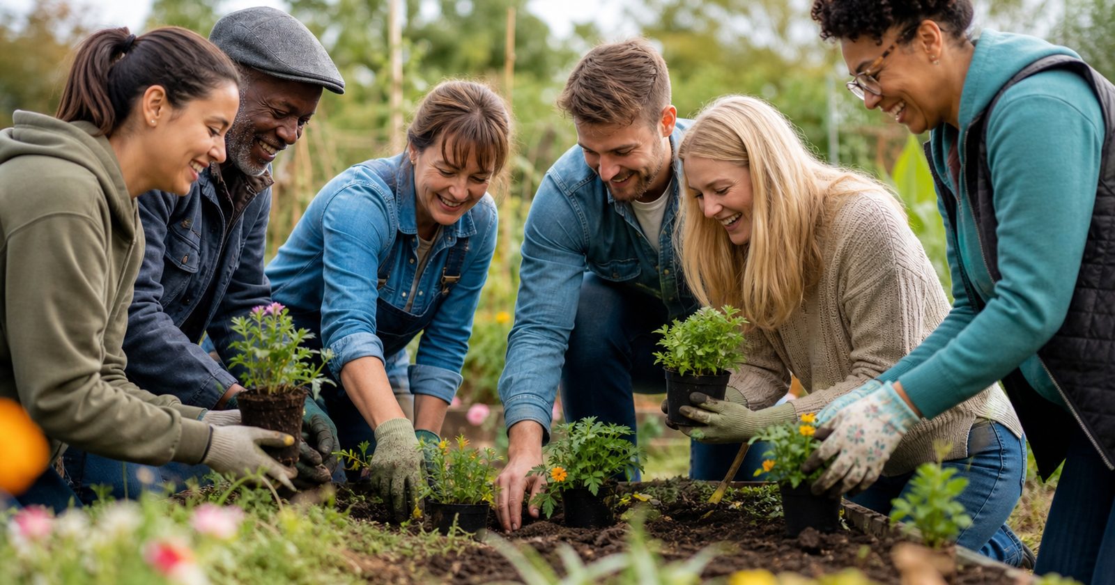 A diverse group plants seedlings together in a community garden, symbolizing growth and collaboration.