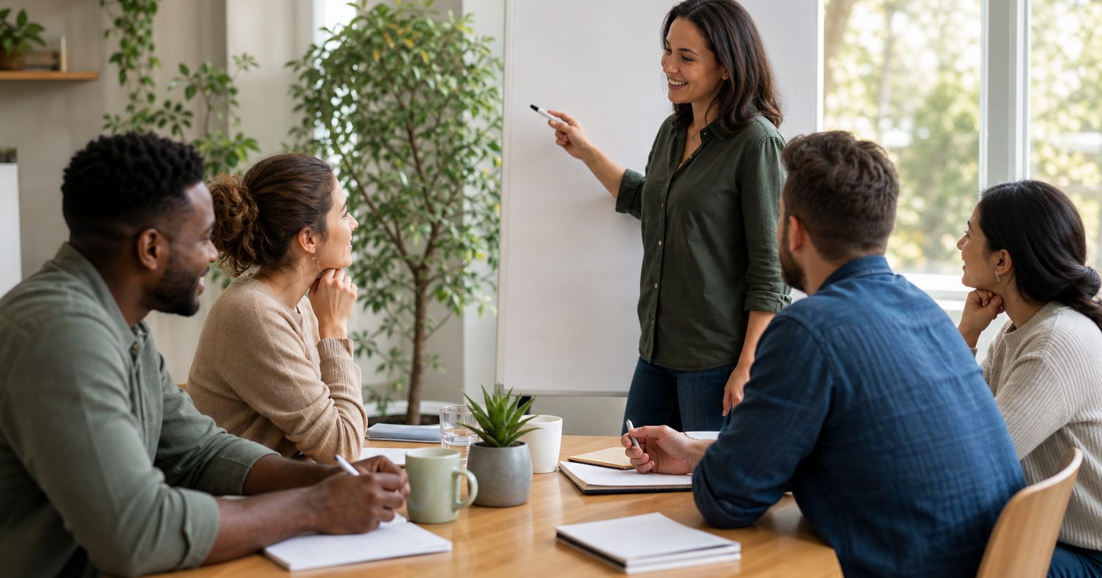 A group of diverse adults focused on goal-setting notebooks in a bright workspace, with a whiteboard of motivational quotes.