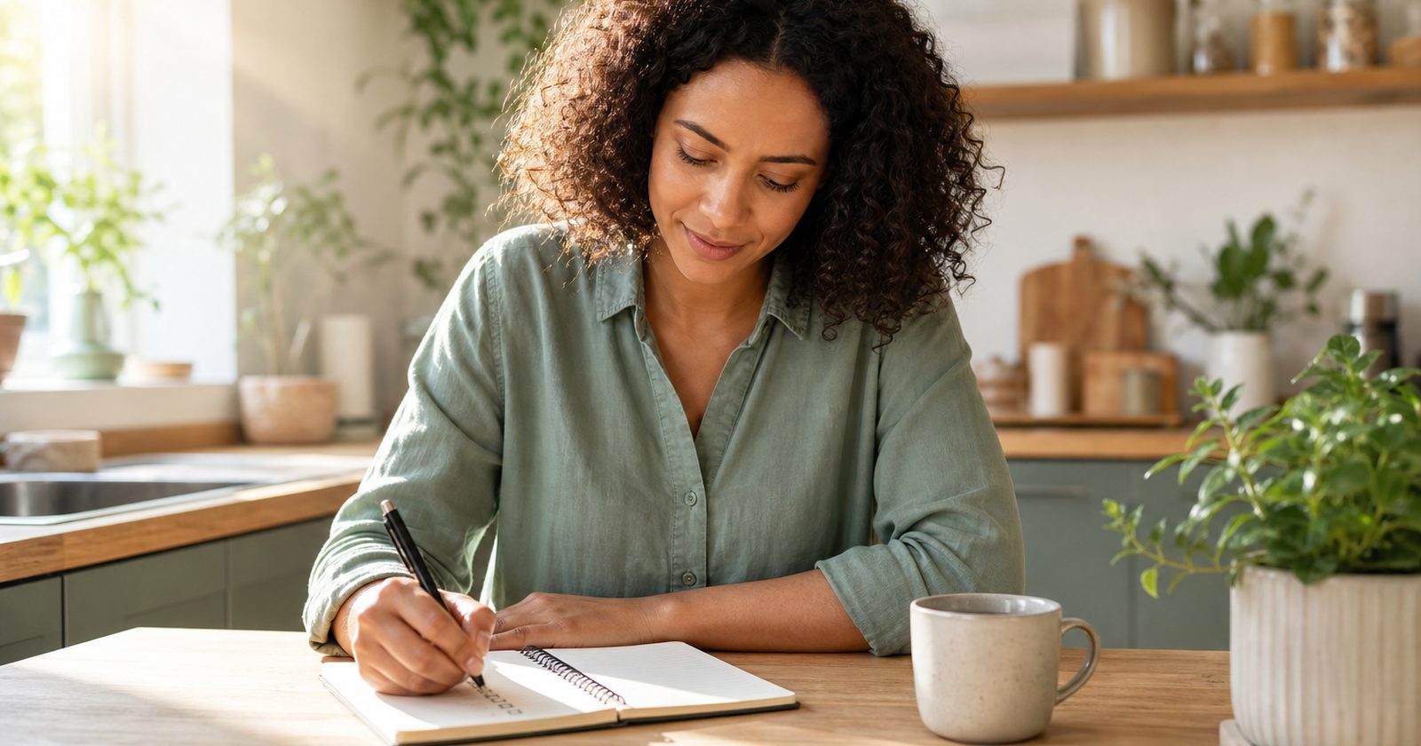 A woman writing a checklist at a kitchen table with a cup of tea and a plant, planning her tasks.