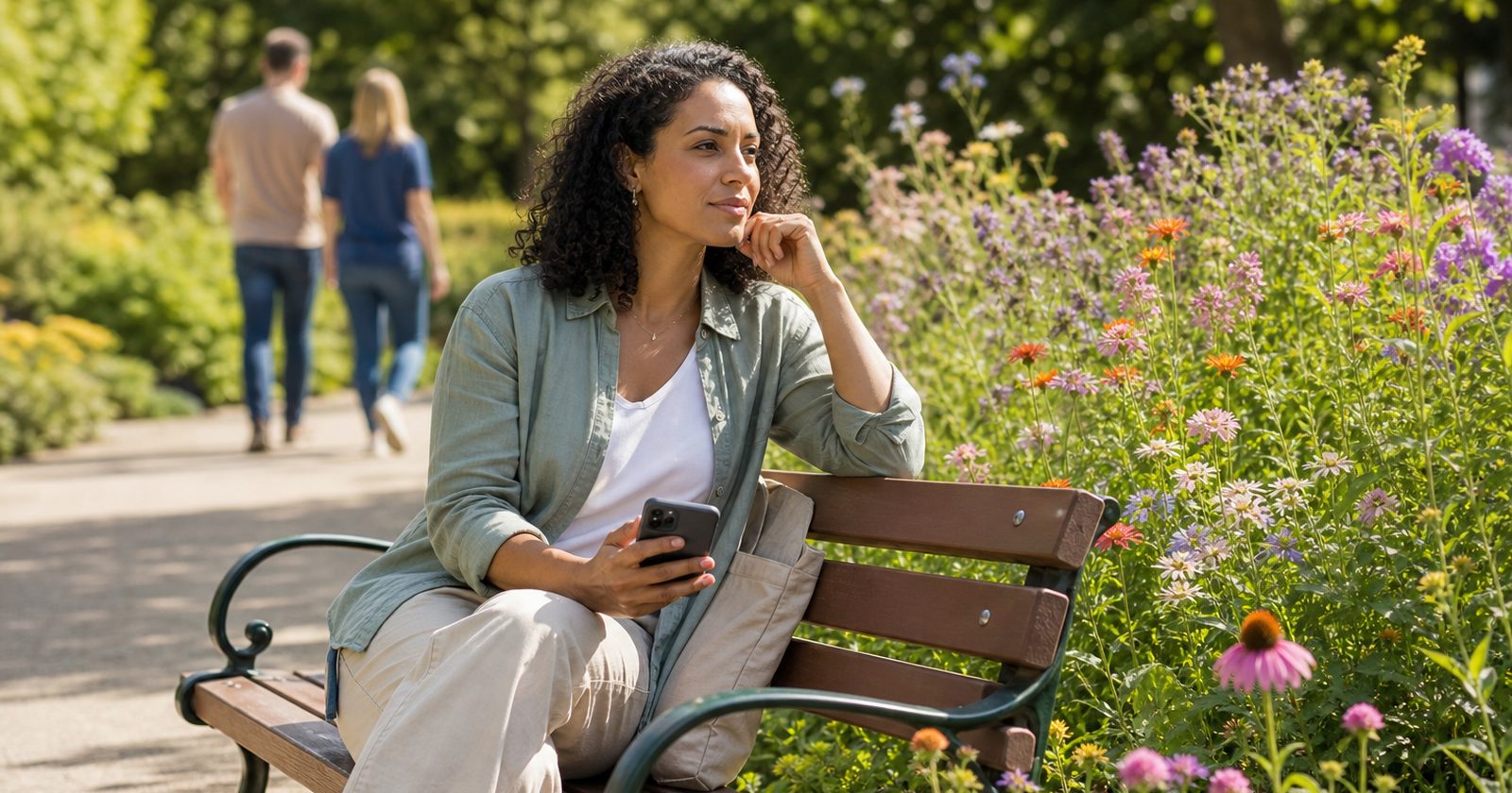 A person sits on a park bench, thoughtfully looking at a flower garden while holding a phone.