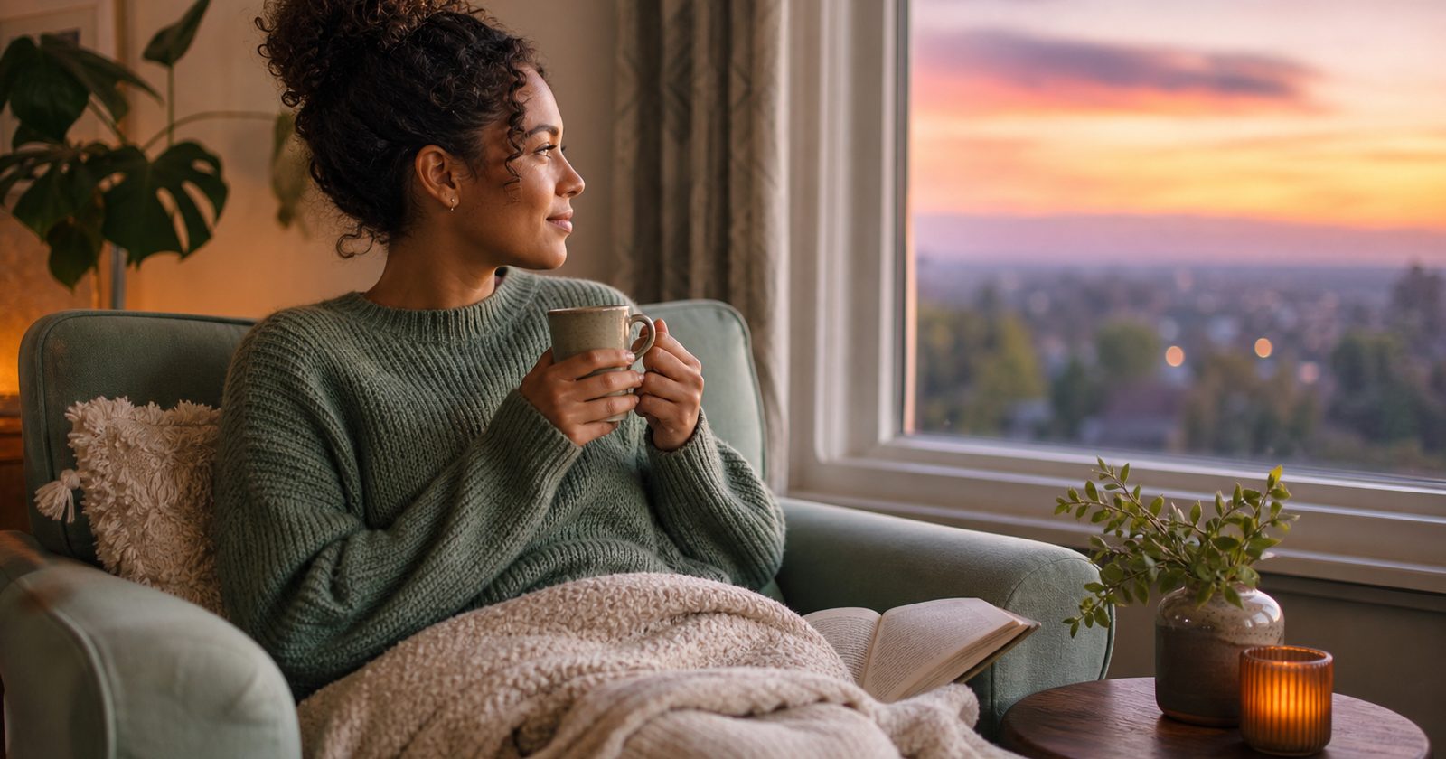 A diverse person in an armchair in a cozy living room, relaxing with a cup of tea while gazing out a window at twilight.