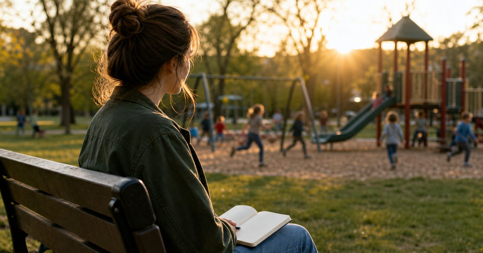 A young adult sitting on a park bench, looking thoughtful with a notebook on their lap, and children playing nearby.