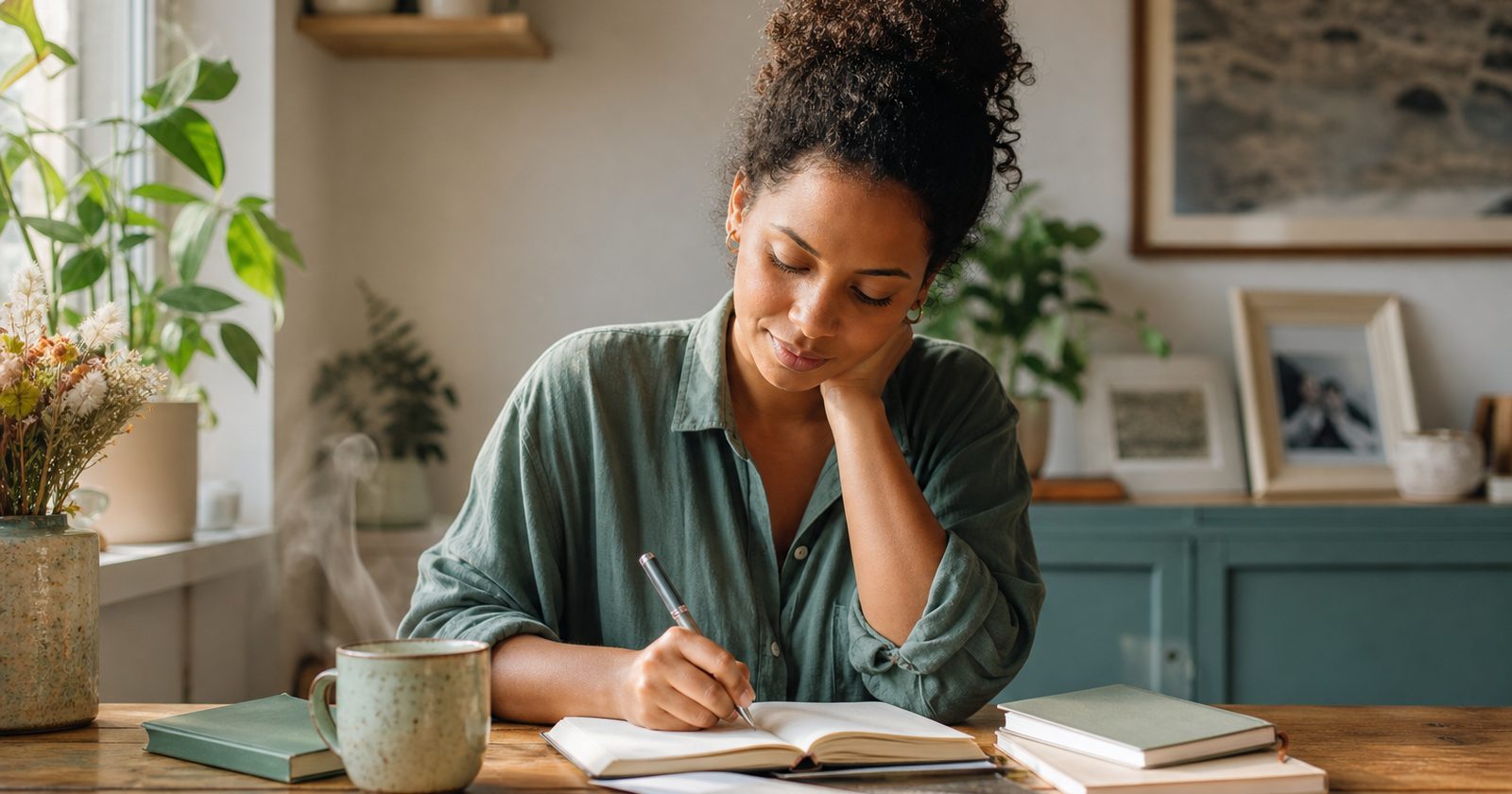 A person writes in a journal at a kitchen table, with sunlight streaming through the window.