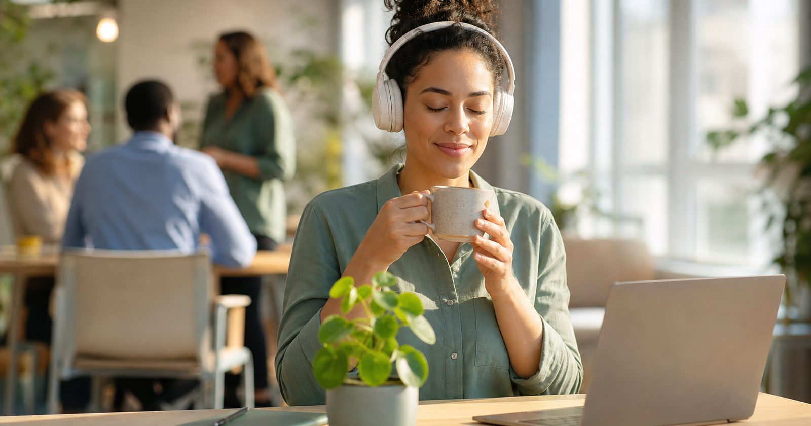 A person sits quietly in an office corner wearing headphones, sipping tea and focusing on their personal space.