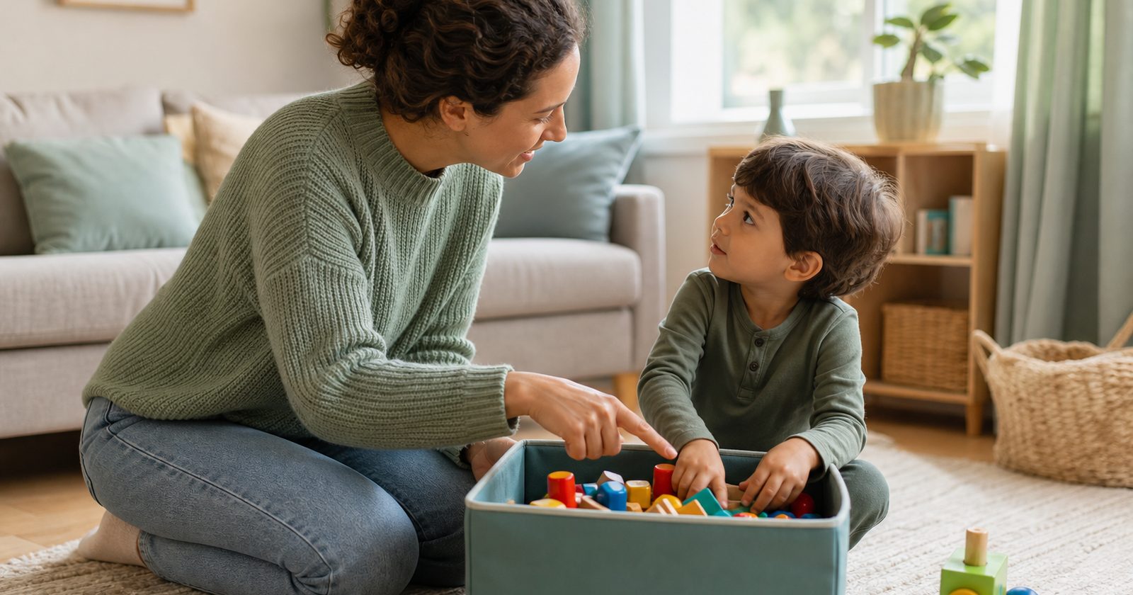 A parent and child interact in a cozy living room, focusing on a toy box, fostering connection and communication.