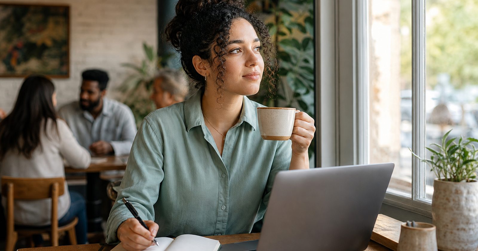 A person focuses on a notebook and laptop at a café, looking out the window while sipping coffee.
