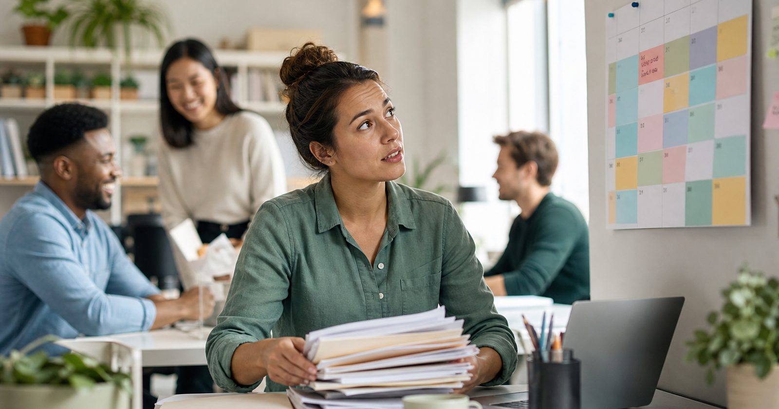 A diverse office scene of employees working, with one person looking hopeful while organizing documents.