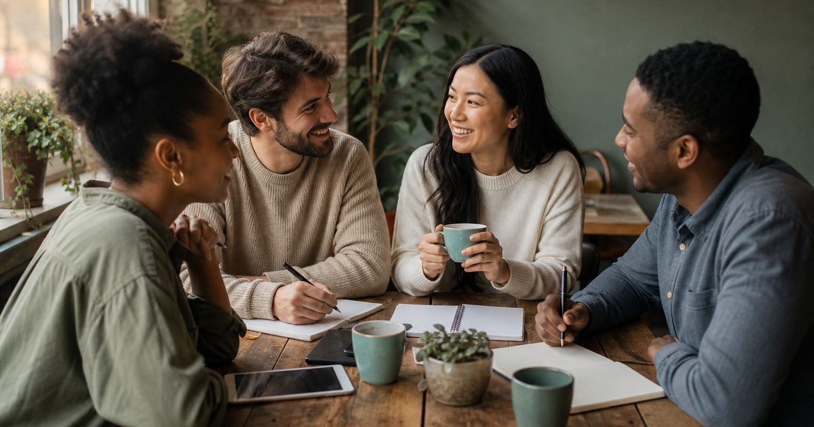 A group of friends discussing budgeting over coffee at a cozy café table, with notebooks and devices open.