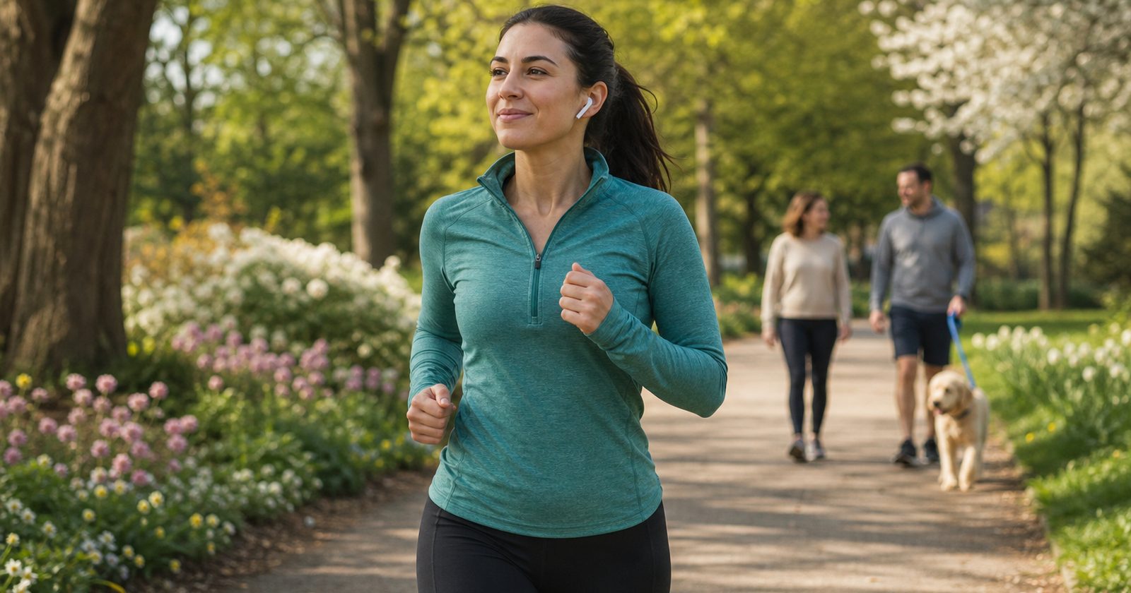 A person jogs on a park path, enjoying nature and music, conveying a joyful approach to fitness.