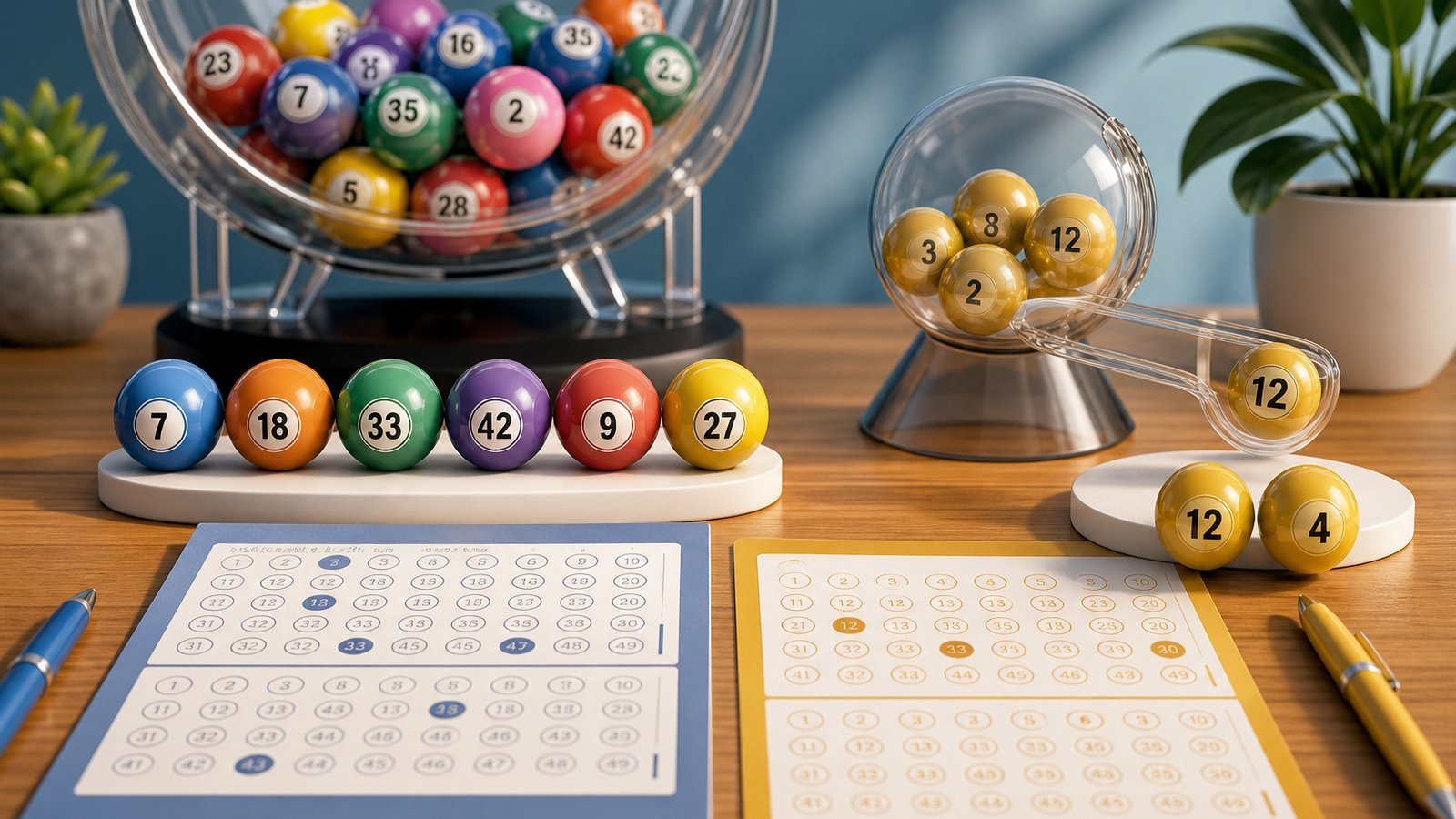 Illustration of various lottery balls including main balls and bonus balls