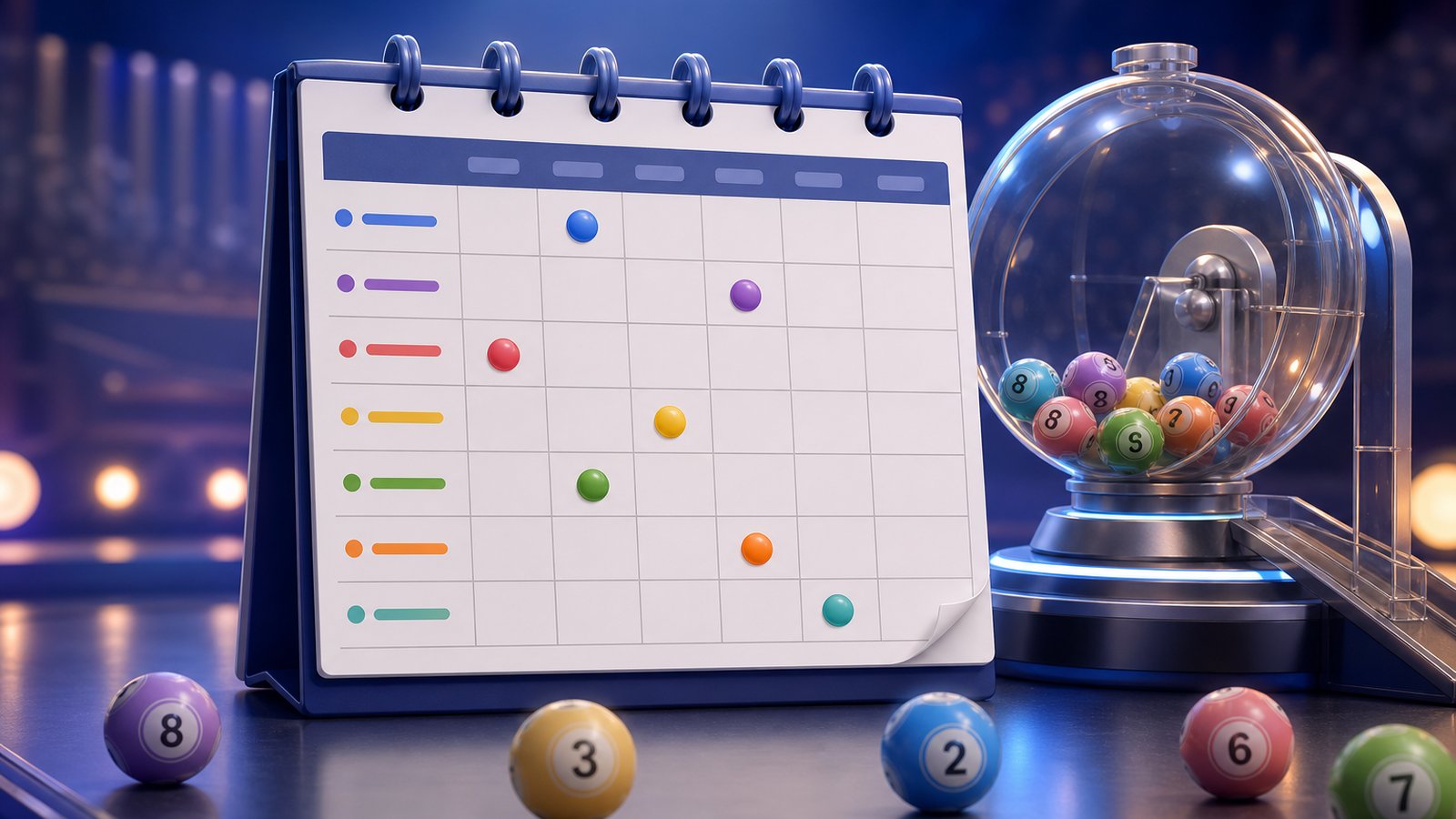 A calendar highlighting UK lottery draw times for the week.