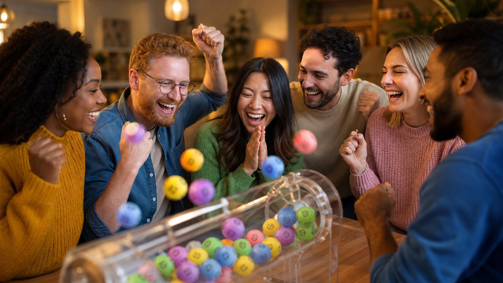 Illustration of a diverse group of people celebrating a lottery win together.