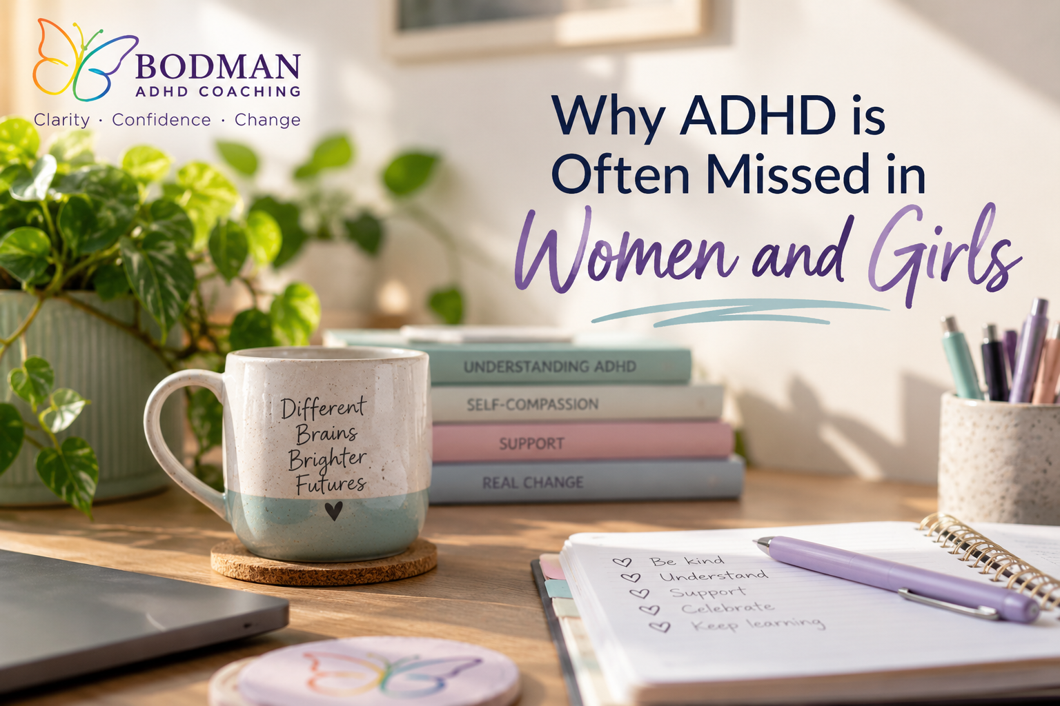 Woman with ADHD contemplating while sitting with a notebook