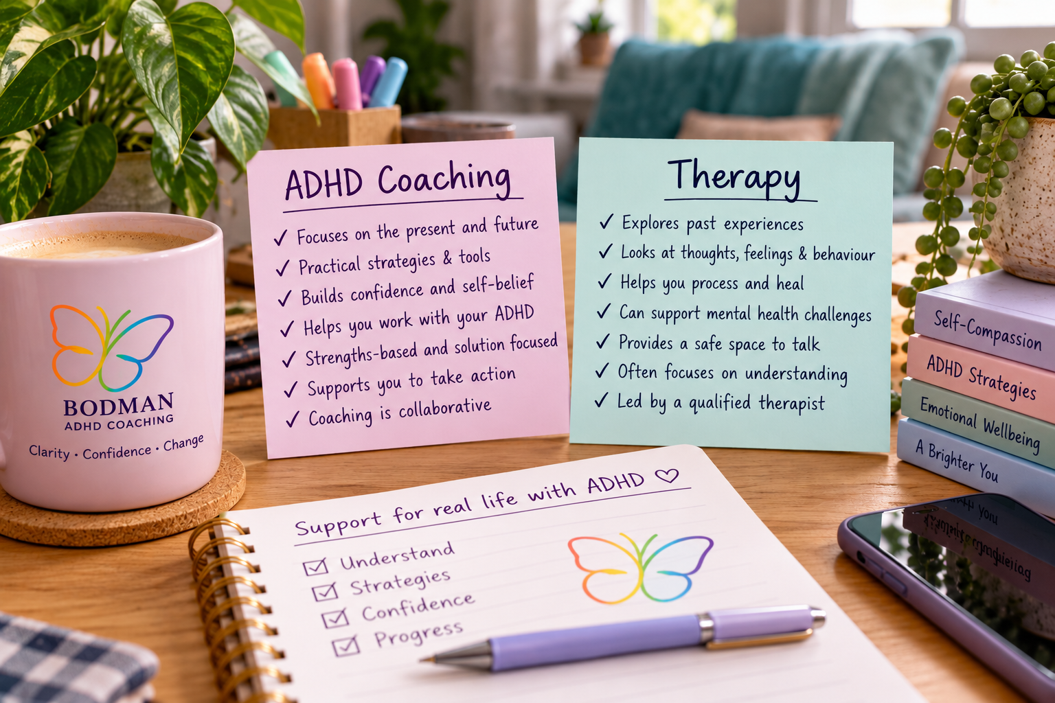 Individual pondering choices between ADHD coaching and therapy.