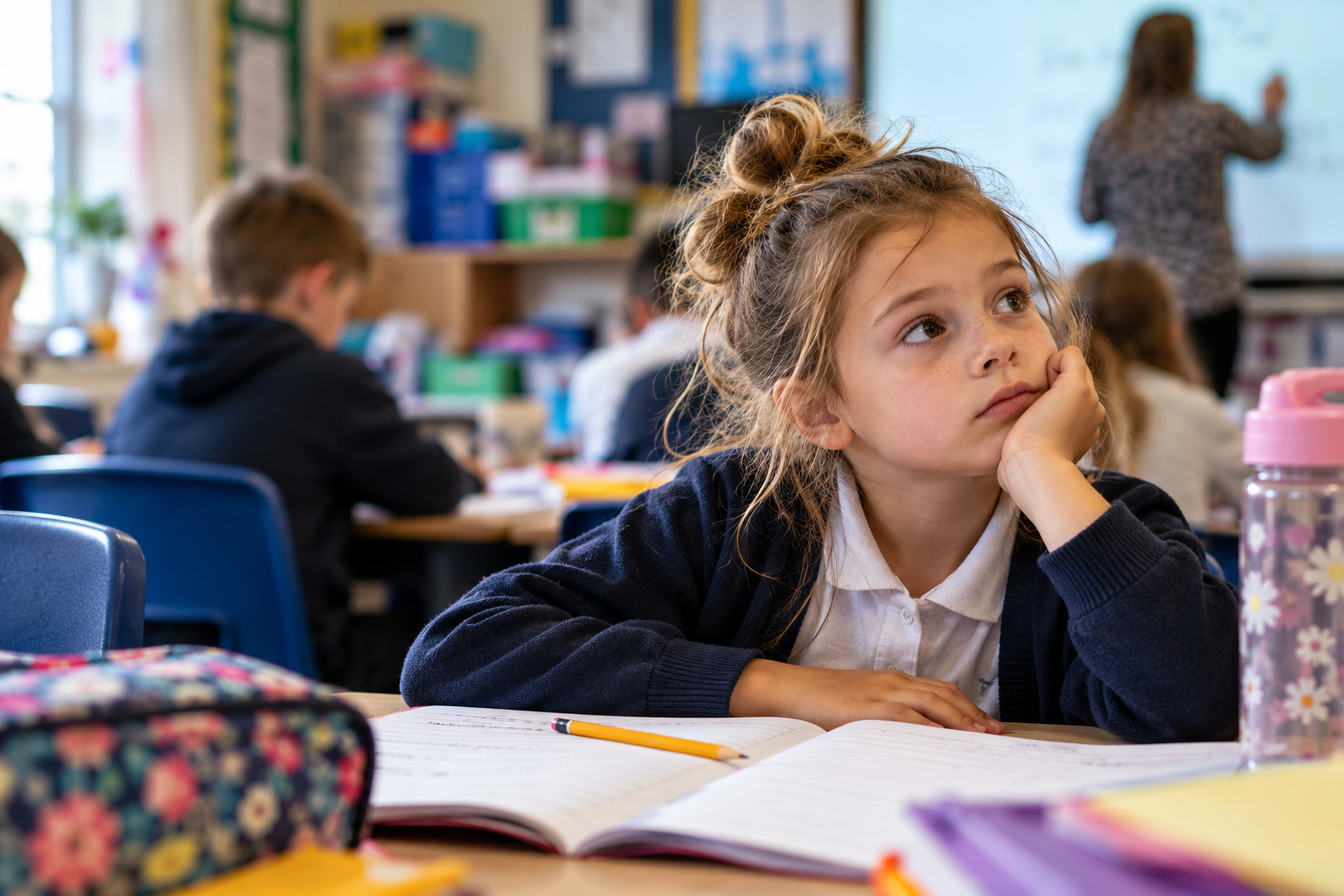Child focusing in classroom surrounded by educational materials.